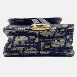 Pre Owned Dior Navy Blue Fabric Oblique Chain Crossbody Bag