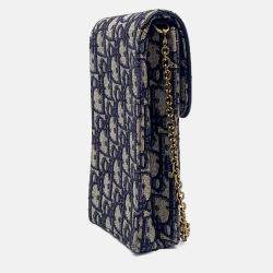 Pre Owned Dior Navy Blue Fabric Oblique Chain Crossbody Bag