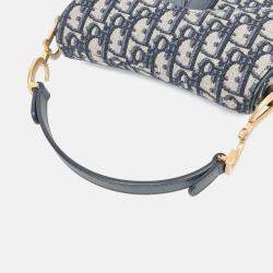 Pre Owned Dior Beige Navy Blue Canvas Oblique Mini Saddle Bag