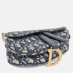 Pre Owned Dior Beige Navy Blue Canvas Oblique Mini Saddle Bag