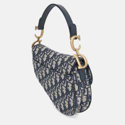 Pre Owned Dior Beige Navy Blue Canvas Oblique Mini Saddle Bag