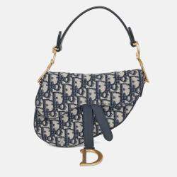 Pre Owned Dior Beige Navy Blue Canvas Oblique Mini Saddle Bag