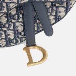 Pre Owned Dior Beige Navy Blue Canvas Oblique Mini Saddle Bag