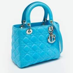Pre Owned Dior Light Blue Cannage Leather Medium Lady Dior Tote