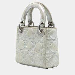 Pre Owned Dior Silver Micro Metallic Calfskin Cannage Lady Dior