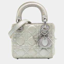 Pre Owned Dior Silver Micro Metallic Calfskin Cannage Lady Dior