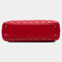 Pre Owned Dior Red Large Lambskin Cannage Soft Zipped Lady Dior Shopping Tote