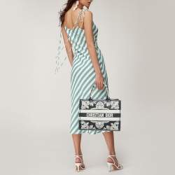 Pre Owned Dior Navy Blue/White Leather Embroidered Medium Book Tote