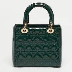 Pre Owned Dior Green Cannage Patent Leather Medium Lady Dior Tote