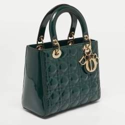 Pre Owned Dior Green Cannage Patent Leather Medium Lady Dior Tote