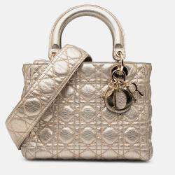 Pre Owned Dior Gold Medium Metallic Grained Calfskin Cannage Supple Lady Dior