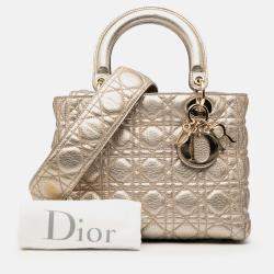 Pre Owned Dior Gold Medium Metallic Grained Calfskin Cannage Supple Lady Dior