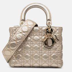 Pre Owned Dior Gold Medium Metallic Grained Calfskin Cannage Supple Lady Dior