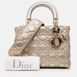 Pre Owned Dior Gold Medium Metallic Grained Calfskin Cannage Supple Lady Dior
