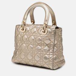 Pre Owned Dior Gold Medium Metallic Grained Calfskin Cannage Supple Lady Dior