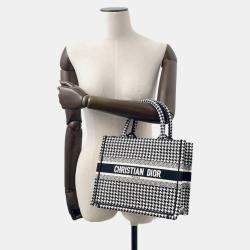 Pre Owned Dior Book Tote Houndstooth Pattern White/Black Canvas Size Small