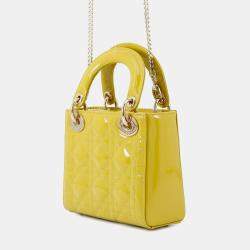 Pre Owned Dior Lady Dior 2Way Handbag Limegreen Patent Leather Size Mini