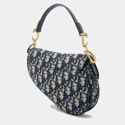 Pre Owned Dior Saddle Oblique One Shoulder Bag Navy Canvas Leather