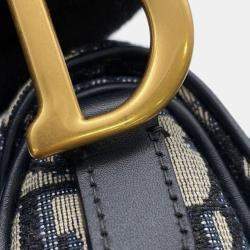 Pre Owned Dior Saddle Oblique One Shoulder Bag Navy Canvas Leather