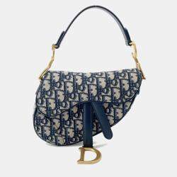 Pre Owned Dior Saddle Oblique One Shoulder Bag Navy Canvas Leather