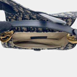 Pre Owned Dior Saddle Oblique One Shoulder Bag Navy Canvas Leather