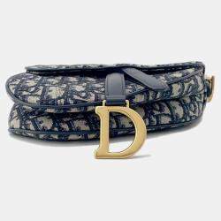 Pre Owned Dior Saddle Oblique One Shoulder Bag Navy Canvas Leather