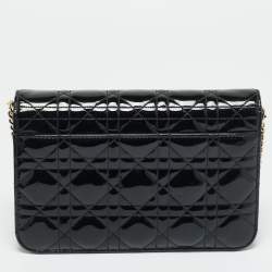 Pre Owned Dior Black Cannage Patent Leather Miss Dior Promenade Wallet On Chain