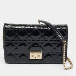 Pre Owned Dior Black Cannage Patent Leather Miss Dior Promenade Wallet On Chain