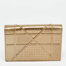 Pre Owned Dior Gold Microcannage Patent Leather Diorama Wallet on Chain