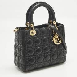 Pre Owned Dior Lady Dior Medium Black Cannage Leather Tote