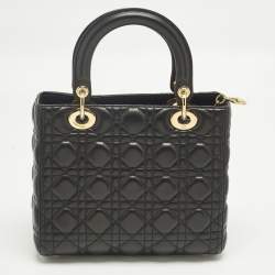 Pre Owned Dior Lady Dior Medium Black Cannage Leather Tote
