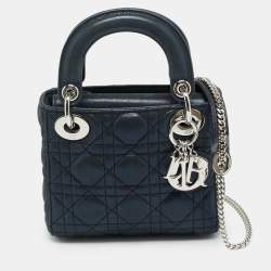 Pre Owned Dior Lady Dior Mini Navy Blue Cannage Iridescent Leather Tote