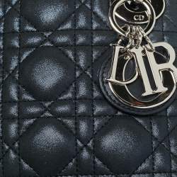 Pre Owned Dior Lady Dior Mini Navy Blue Cannage Iridescent Leather Tote