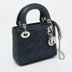 Pre Owned Dior Lady Dior Mini Navy Blue Cannage Iridescent Leather Tote