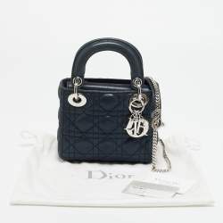 Pre Owned Dior Lady Dior Mini Navy Blue Cannage Iridescent Leather Tote