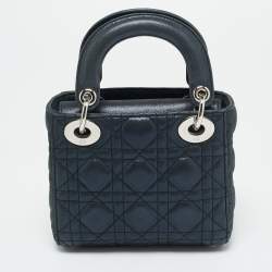 Pre Owned Dior Lady Dior Mini Navy Blue Cannage Iridescent Leather Tote