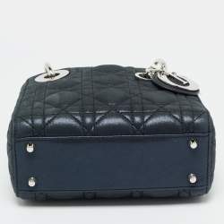 Pre Owned Dior Lady Dior Mini Navy Blue Cannage Iridescent Leather Tote