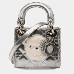 مملوكة مسبقًا Dior Silver Micro Metallic Lambskin Cannage Bear Lady Dior