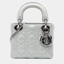 Pre Owned Dior Silver Mini Iridescent Lambskin Cannage Lady Dior