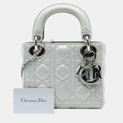 Pre Owned Dior Silver Mini Iridescent Lambskin Cannage Lady Dior