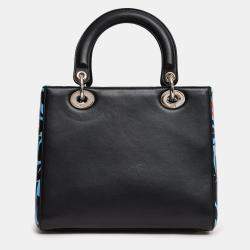 مملوكة مسبقًا حقيبة ديور ليدي ديور جلد بطبعة زهور سوداء/زرقاء 2016