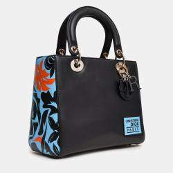 مملوكة مسبقًا حقيبة ديور ليدي ديور جلد بطبعة زهور سوداء/زرقاء 2016