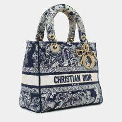 Pre Owned حقيبة كريستيان ديور ليدي دي-لايت طراز تول دو جوي أبيض/أسود مع حزام يدوي