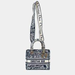 Pre Owned حقيبة كريستيان ديور ليدي دي-لايت طراز تول دو جوي أبيض/أسود مع حزام يدوي