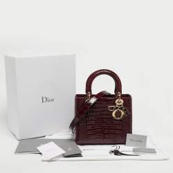 Pre Owned Dior Lady Dior Medium Burgundy Crocodile Tote