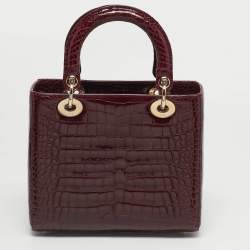 Pre Owned Dior Lady Dior Medium Burgundy Crocodile Tote