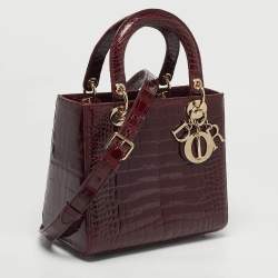 Pre Owned Dior Lady Dior Medium Burgundy Crocodile Tote