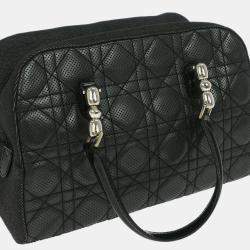 Pre Owned Christian Dior Malice Cannage Black Denim Lambskin Leather Top Handle Bag