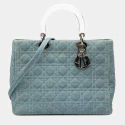 Pre Owned Dior Blue Large Denim Cannage Acrylic Handles Lady Dior