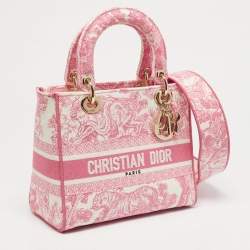 Pre Owned حقيبة يد ديور ليدي دي-لايت توال دو جوي مطرزة قماش وردي/أبيض متوسطة